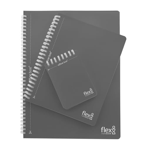 office box, Flexi A4/A5/A7 Notizbücher mit Deckblatt und Spiralbindung aus Polypropylen, 80 Blatt, kariert, mit Vorschnitt und Lochung, ideal zum Abheften in Ihrem Ordner, Schwarz, 3 Stück von office box