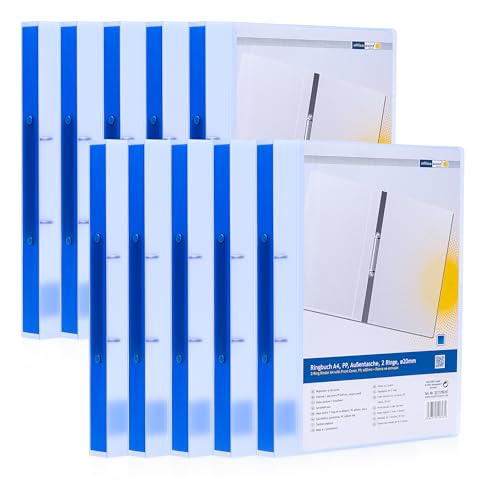 Ringbuch DIN A4, 10er Pack, O-Ringordner 2-Ring-Mechanik mit 20 mm Durchmesser, 2 cm Rückenbreite, Transparent Blau, Aktenmappe passend für ca. 30 Blatt mit 80 g/m², Innen- und Außentasche von office point germany