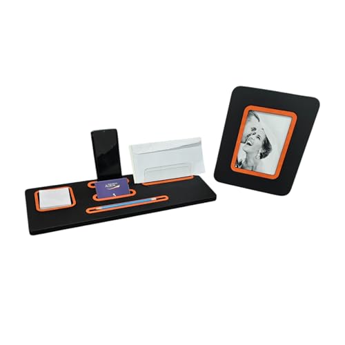Oggettando Schreibtisch-Set, 5-in-1 Schreibtisch-Organizer mit Smartphone-Halterung, Briefablage, Kartenhalter, Klebekartenhalter, Stifthalter + Bilderrahmen für Büro und Zuhause (Orange) von oggettando