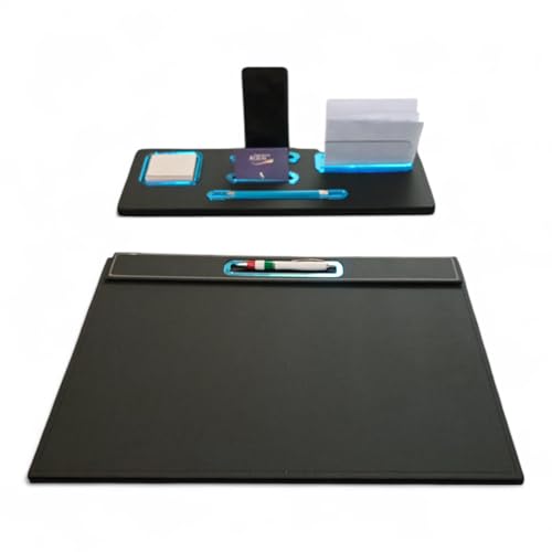 Oggettando Schreibtisch-Set aus schwarzem Kunstleder, 5-in-1, Organizer mit Smartphone-Halterung, Briefablage, Kartenhalter und Schreibunterlage für Büro, Zuhause (hellblaues Acryl) von oggettando