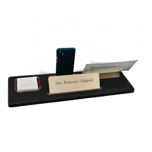 Oggettando Schreibtisch-Set aus schwarzem Kunstleder, 5 in 1 Organizer – Smartphone-Halterung, Briefablage, Kartenhalter, Aufkleberhalter, personalisierbarer Reiter – Büro Zuhause (Acryl Bronze) von oggettando