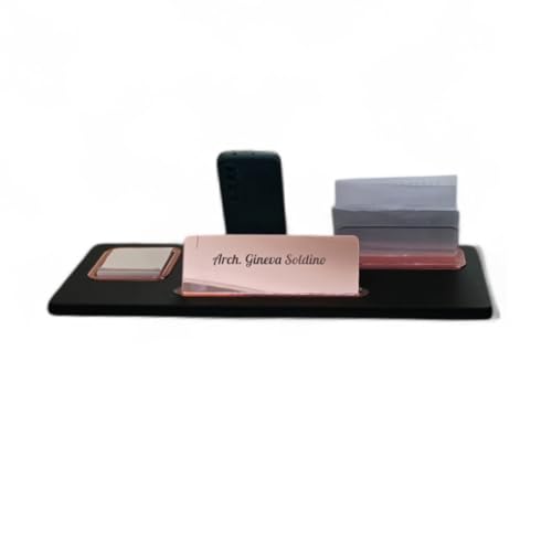 Oggettando Schreibtisch-Set aus schwarzem Kunstleder, 5 in 1 Organizer – Smartphone-Halterung, Briefablage, Kartenhalter, Aufkleberhalter, personalisierbarer Reiter – Büro Zuhause (Acryl Gold Rosa) von oggettando