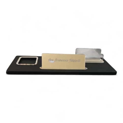 Oggettando Schreibtisch-Set aus schwarzem Kunstleder, 5 in 1 Organizer – Smartphone-Halterung, Briefablage, Kartenhalter, Aufkleberhalter, personalisierbarer Reiter – Büro Zuhause (Acryl Silber) von oggettando