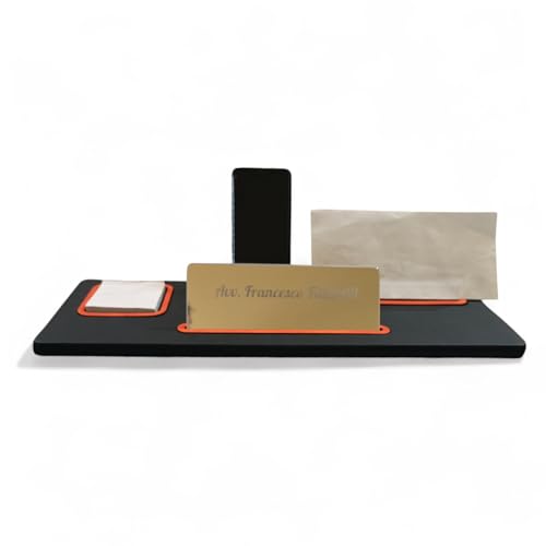 Oggettando Schreibtisch-Set aus schwarzem Kunstleder, 5 in 1 Organizer – Smartphone-Halterung, Briefablage, Kartenhalter, Aufkleberhalter, personalisierbarer Reiter – Büro Zuhause (Orange) von oggettando