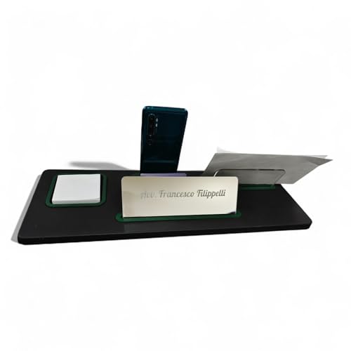 Oggettando Schreibtisch-Set aus schwarzem Kunstleder, 5 in 1 Organizer – Smartphone-Halterung, Briefablage, Kartenhalter, Aufkleberhalter, personalisierbarer Reiter – Büro Zuhause (SAC, grün) von oggettando