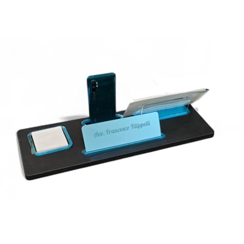 Oggettando Schreibtisch-Set aus schwarzem Kunstleder, 5 in 1 Organizer – Smartphone-Halterung, Briefablage, Kartenhalter, Aufkleberhalter, personalisierbarer Reiter – Büro Zuhause (hellblaues Acryl) von oggettando