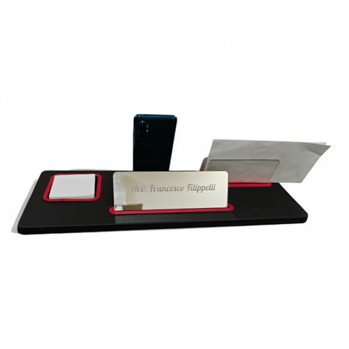 Oggettando Schreibtisch-Set aus schwarzem Kunstleder, 5 in 1 Organizer – Smartphone-Halterung, Briefablage, Kartenhalter, Aufkleberhalter, personalisierbarer Reiter – Büro Zuhause (rot) von oggettando