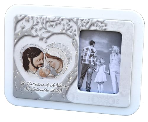 oggettando Bilderrahmen aus Kunstleder, Aufdruck Heilige Familie, Baum in Geschenkbox, Gastgeschenk, Taufe, Hochzeit, Jahrestag, nützliche Geschenke, originell (personalisiertes Silber) von oggettando