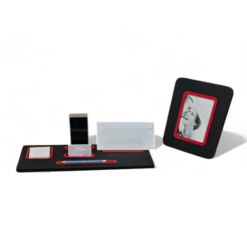 oggettando Schreibtisch-Set, 5-in-1 Schreibtisch-Organizer mit Smartphone-Halterung, Briefablage, Kartenhalter, Klebekartenhalter, Stifthalter + Bilderrahmen für Büro und Zuhause (rot) von oggettando