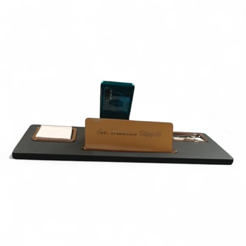 oggettando Schreibtisch-Set aus schwarzem Kunstleder, 5-in-1, Schreibtisch-Organizer – Smartphone-Halterung, Stifthalter, Kartenhalter, Zettelhalter, personalisierbarer Reiter, Büro (Acryl Bronze) von oggettando
