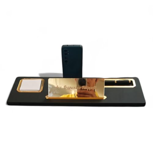 oggettando Schreibtisch-Set aus schwarzem Kunstleder, 5-in-1, Schreibtisch-Organizer – Smartphone-Halterung, Stifthalter, Kartenhalter, Zettelhalter, personalisierbarer Reiter für Büro Zuhause (Acryl von oggettando