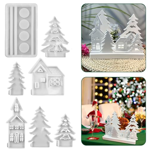 7-Stück Weihnachtsbaum-Haus-Silikonform Set, Kerzenhalter, Gips-Gussformen, Weihnachtsdeko von ohodhmnu