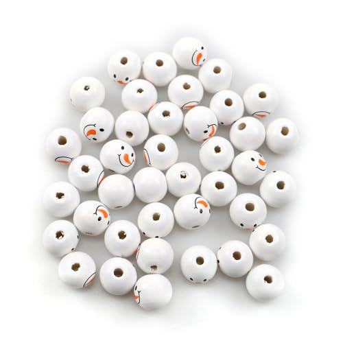 Set mit 50 weihnachtlichen Schneemann-Holzperlen, Bauernhaus-Perlen, weiß, bedruckt, Holz-Schmuckherstellung, Schlüsselanhänger von ohodhmnu