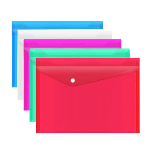 Dokumentenmappen, A4, Kunststoff, transparent, mit Knopf, verschiedene Farben, 5 Stück von ojussa