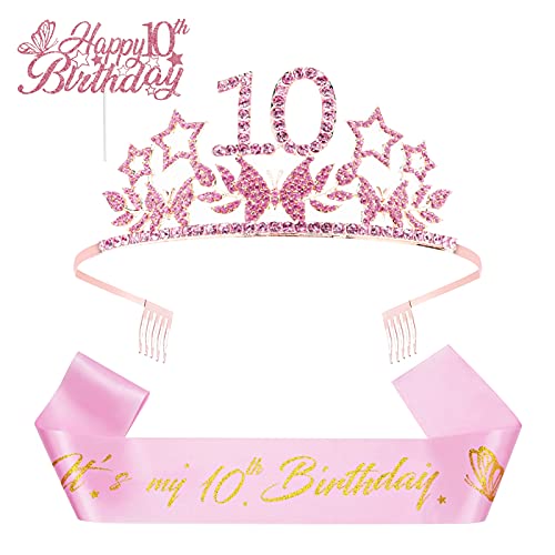 olyee 10 Jahre Dekoration für Geburtstag, Krone, Diadem, Satin, Sash-Glitzer, Happy Birthday Cake Topper, Geburtstag, Zubehör (Rosa, Gold) von olyee