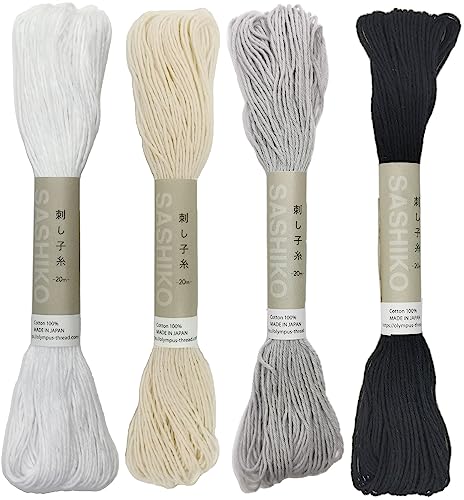 Olympus Sashiko Garn, 20 m, 4 Knäuel, Farbbündel, 100 % Baumwolle (#01, #02, #20, #28) von olympus