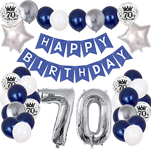 70. Geburtstag Dekoration Mann, Blau Silber Geburtstagsdeko Party Luftballon Happy Birthday Deko Banner mit Bedruckte Silber Konfetti Luftballons Folienballon Zahl 70. Luftballons Party Deko von onehous