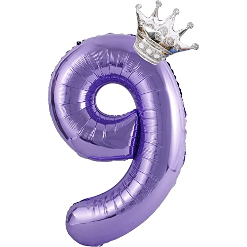 Folienballon Zahl 9 Lila mit Krone, 100 cm Riesenzahl Ballon 9 Lila, Helium Ballon Zahl 9, Dame Mädchen Geburtstag Luftballon Deko, Hochzeit, Jubiläum, Fest, Party Dekoration von onehous