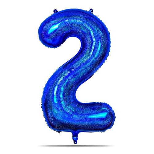 onehous Luftballon Zahlen 2 Glitzer Blau, Laserblau XXL Riesige Folienballon in 40", 101cm Geburtstagsdeko, Ballon Zahl Deko für Mann Junge Geburtstagsparty Deko, Hochzeit, Jubiläum, Fliegt mit Helium von onehous