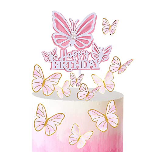 Schmetterlinge Deko Geburtstag, Schmetterlinge Tortendeko, Tortendeko Geburtstag Mädchen mit Rosa Gold Schmetterlinge Kuchen Deko Perle Torten Deko für Geburtstag Party Deko Mädchen Frauen Babyparty von onehous