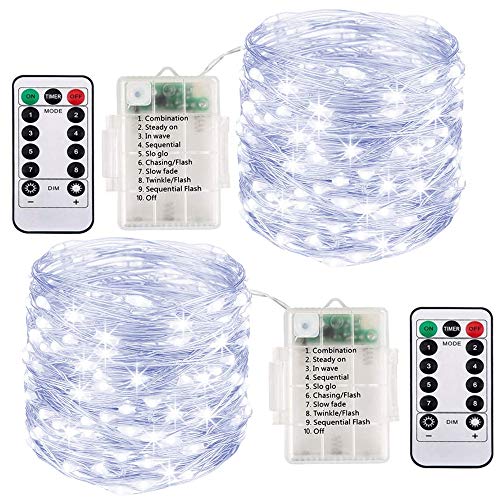Lichterkette Batterienbetrieben, 2er 10 M 100 LEDs, LED Lichterkette Kupferdraht mit Wasserdichte 8 Modi Timer für Innen Außen DIY Schlafzimmer Weihnachten Garten Hochzeit Dekoration (Kaltes Weiß) von ooklee