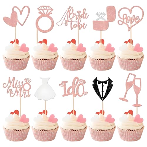 30Pcs Bride to be Deko Cupcake Topper, Kuchen Deko Hochzeit Cake Topper Hochzeit, Diamant Ring Herz muffin topper, für Brautparty, Verlobungsfeier, Junggesellenabschied Jubiläum von oooaooo