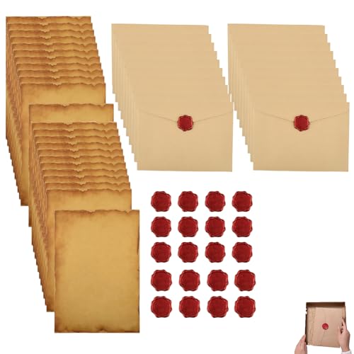 64 Stück Vintage Papier, Altes Papier Pergamentpapier Briefpapier Vintage designpapier, 20 Vintage-Papier Briefumschläge, 24 Briefpapier Mit Umschlag Und 20 Wachssiegel-Aufkleber von oooaooo