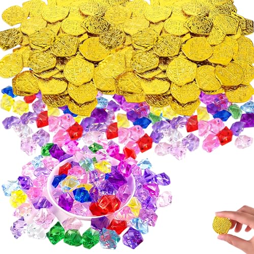 oooaooo 200 Stück Piratenschatz Kindergeburtstag, 100 Stücke Diamanten Kinder Und 100 Stücke Goldmünzen Kinder Piratenparty Kindergeburtstag Goldtaler Schatzsuche Piratenparty Mitgebsel von oooaooo