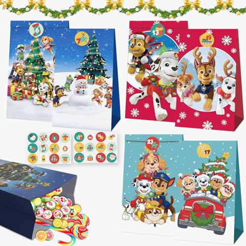24 Cartoon Dog Papiertüten Adventskalender,Adventskalender zum Befüllen Kinder,Cartoon Dog Adventskalender Weihnachtsgeschenke für Kinder Jungen von oosheon
