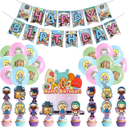 Toca Life World Deko,beinhaltet Happy Birthday Banner,1 Groß Kuchendeckel,12 Cupcake Topper,18 Luftballons,Toca Life World Luftballons,Toca Boca Themed Party Supplies,T-oca B-oca Party-Dekorationen von oosheon