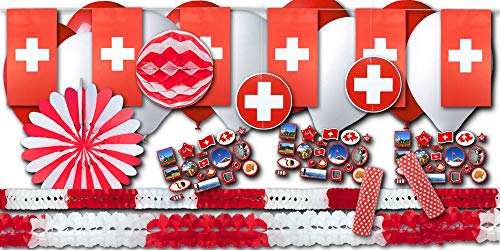 Schweiz Grundausstattung Länderdeko Partyset rotweiß - Schweizer Länderparty für Karneval, Fasching, Silvester, Geburtstage, Mottoparty, etc. von ordeno.eu Partyset