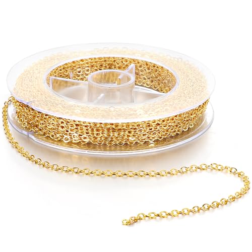 Oruola 1000cm Gliederkette Gold,Kettenglieder Gold für DIY Schmuckherstellung,Gliederkette Rolle mit 20 Karabinerverschlüssen und 100 Biegeringen für Halsketten,Ohrringe,Armbänder von oruola