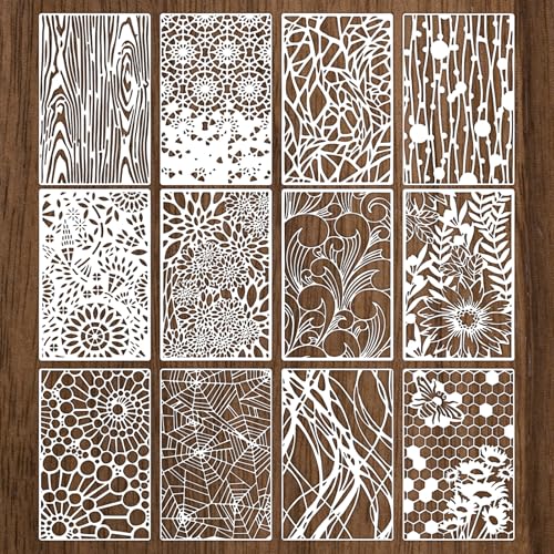 Oruola 12 Stück schablonen zum malen,wiederverwendbar Kunststoff Schablonen,Blumenmuster Holzmaserung schablone,stencil schablone für Sprühfarbe,Leinwand,Kuchen,Karten,DIY Geschenkverpackung von oruola