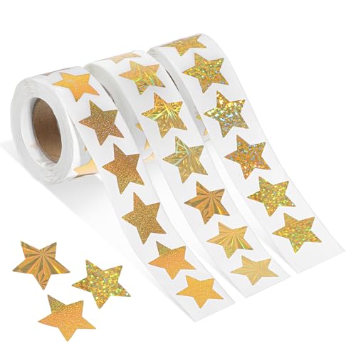 Oruola 1500 Stück Sticker Sterne,Aufkleber Sterne,Belohnung Sticker Kinder,Glitzersterne zum Aufkleben,Goldene Stern Stickers für Kleidung,Scrapbooking,Rußkarten,Eschenke,Asteln(3 Rolle) von oruola