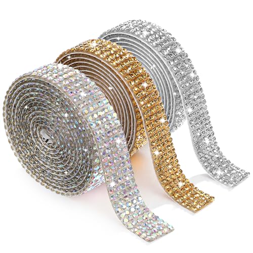Oruola 3 Rollen Selbstklebende Strassbänder,Strassstreifen für Textilien,Strassstreifen Selbstklebend für Bastelarbeiten,Hochzeit,Party,Auto,Handydekoration,Kleidung,Schuhe(Gold,Silber) von oruola