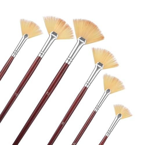 Oruola 6 Stück Fächer Pinsel,Fan Brush für Acryl,Ölgemälde,Gouache,Malerei und Tempera,Fächerpinsel Kosmetik,Fächerpinsel Malen Langer Holzgriff,Fächer Pinsel Aquarell von oruola