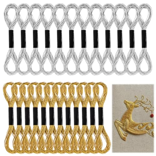 oruola 24 Stück Stickgarn Metallic Gold,Embroidery Thread Nähgarn,8m Gold und Silber Sticktwist für Kreuzstich und Handarbeiten,Polyestergarn Kreuzstichfäden Stickgarn Goldfaden,Anchor Stickgarns von oruola