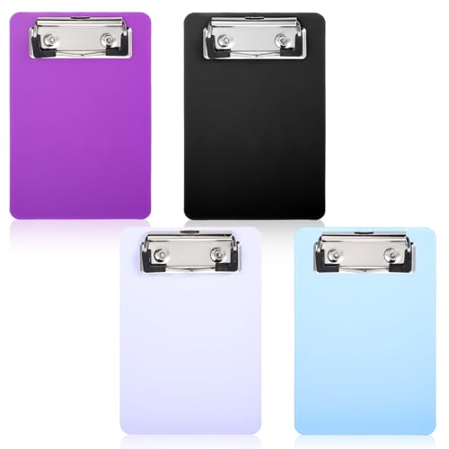 oruola 4 Stück Kleine Klemmbretter A6,Kunststoff-Klemmbrett,10 x 15 cm Kleine Klemmbrett,Memo-Klemmbretter für Büro,Schule,Zuhause,Tragbar und Robust,(Schwarz,Weiß,Lila,Blau) von oruola