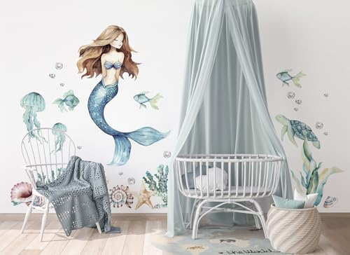Osomhome |Wandtattoo Kinderzimmer Wandsticker | Wanddeko Babyzimmer | Schlafzimmer Junge Mädchen Selbstklebend (Blau Meerjungfrau, M) von osomhome
