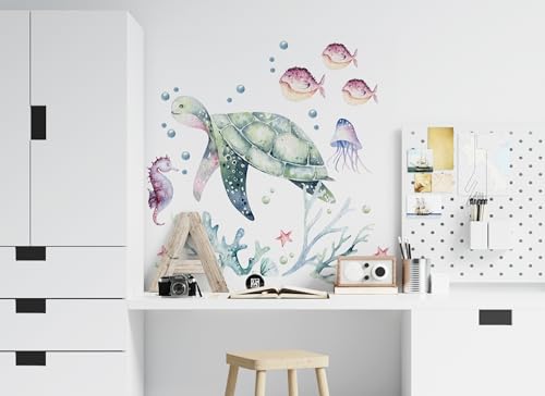 Osomhome |Wandtattoo Kinderzimmer Wandsticker | Wanddeko Babyzimmer | Schlafzimmer Junge Mädchen Selbstklebend | Schildkröte, Ozean, Korallenriff (Turtle, M) von osomhome