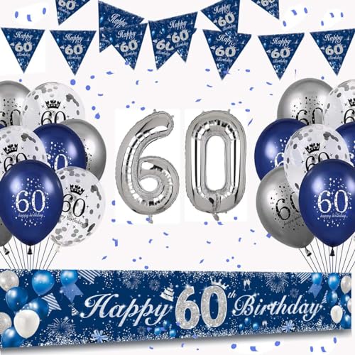 60 Geburtstag Dekoration Männer Frauen，60.Geburtstag Deko Banner Hintergrund und Navy Blau Silber luftballons Konfetti Luftballon für 60th Jubiläum Geburtstagsparty Supplies Dekor… von owlfun