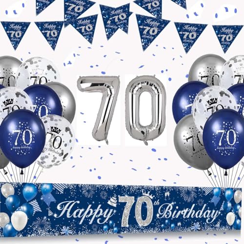 70 Geburtstag Dekoration Männer Frauen，70.Geburtstag Deko Banner Hintergrund und Navy Blau Silber luftballons Konfetti Luftballon für 70th Jubiläum Geburtstagsparty Supplies Dekor von owlfun