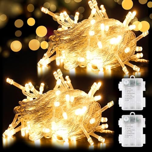 owwasd Lichterkette Außen Batterie[2 Stück], 50LED Lichterkette Batterie Wasserdicht 5M Lichterkette Weihnachtsbaum für Außen Innen Garten Hochzeit Balkon-Warmweiß von owwasd