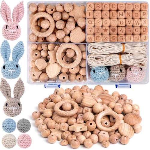 Holzperlen Holzringe Set, Buchenholz Perlen Selber Machen 233 Stk, Buchstaben Gehäkelt Holz Perlen Natur, Rund Holzkugeln mit Loch für Basteln DIY Makramee Zubehör von packra