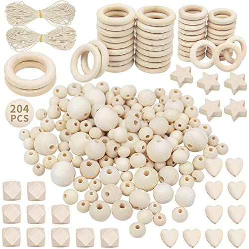 Holzperlen Holzringe Set 204 Stück, Holzperlen zum auffädeln Natur, Holzkugeln mit Loch und Holzringe zum Basteln DIY Makramee, Runde Holz Perlen für Schmuck Zubehör Holzperlen Holzringe Set 204 Stück, Holzperlen zum auffädeln Natur, Holzkugeln mit Loch und Holzringe zum Basteln DIY Makramee, Runde Holz Perlen für Schmuck Zubehör von packra
