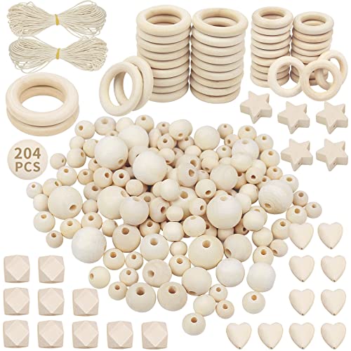 packra Holzperlen Holzringe Set 204 Stück, Holzperlen zum auffädeln Natur, Holzkugeln mit Loch und Holzringe zum Basteln DIY Makramee, Runde Holz Perlen für Schmuck Zubehör von packra