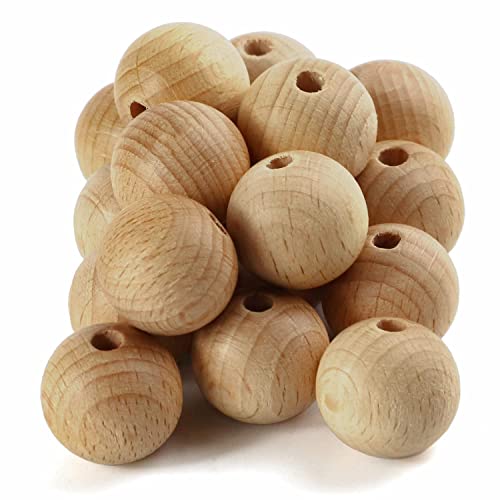 packra Holzperlen, 16 Stück Buchenholzperle natur Holzkugeln mit Loch, 20mm Runde Holzperlen zum Auffädeln, Holz Perlen für Basteln DIY Schmuck Home Decor von packra