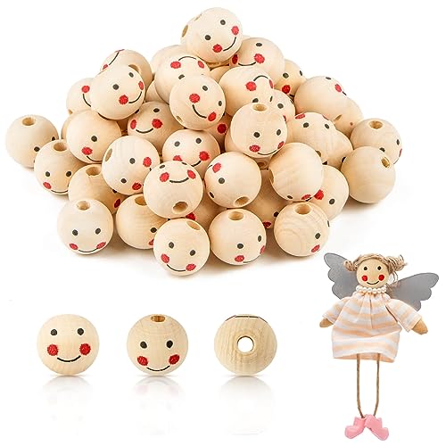 Holzperlen mit Gesicht 60 Stück, 20mm Holzperle Lächeln Gesicht Engel, Holzperlen Rund Holzkugeln mit Loch Natur für DIY Schmuck zubehör Decor von packra