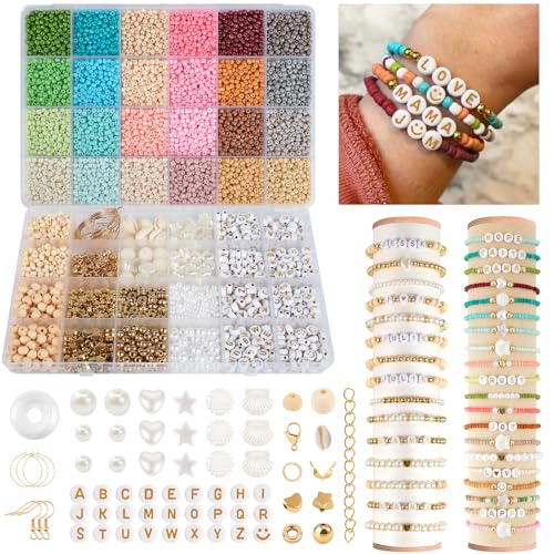 packra Perlen für Armbänder, 3mm Perlen zum Auffädeln, Armbänder Selber Machen Set in 24 Morandi Farben mit Buchstabenperlen, Holzperlen - Boho Schmuck DIY Bastelset Geschenk für Frauen von packra