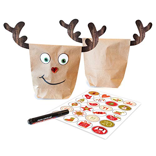 Adventskalender zum Befüllen Rudis 24 Helfer, 24 beschichtete Papiertüten Geschenktüten, Weihnachtskalender Bastelset inkl. Adventszahlen Aufkleber, Klammern und Accessoires von pajoma von pajoma